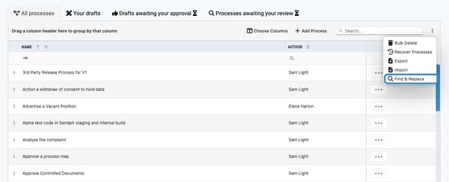find and replace menu