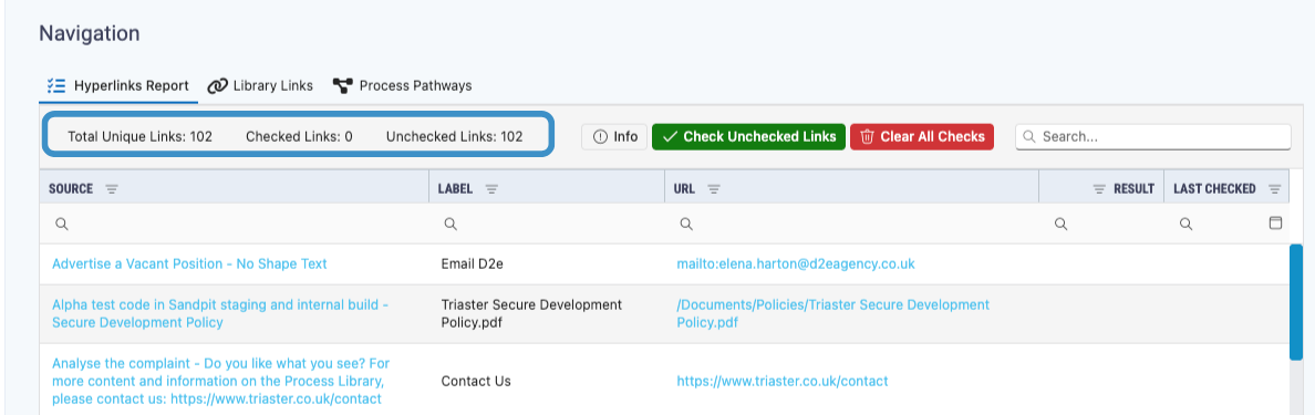 hyperlinks report - links