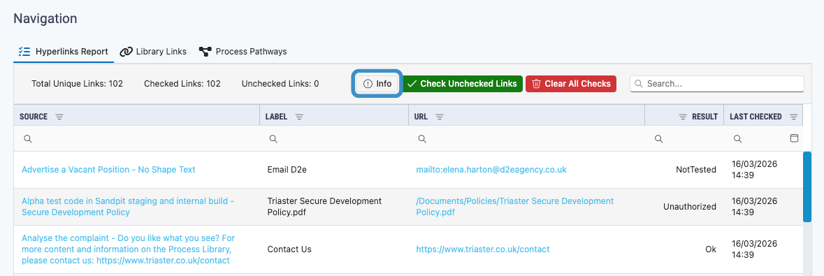 hyperlinks report - info button